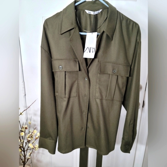 Zara Jackets & Blazers - Zara Belted Green Pocket Jacket Size XL